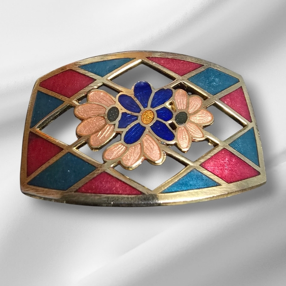 Cloisonne Jewelry - Vintage Cloisonné Floral Checkered Brooch/Scarf Pin
